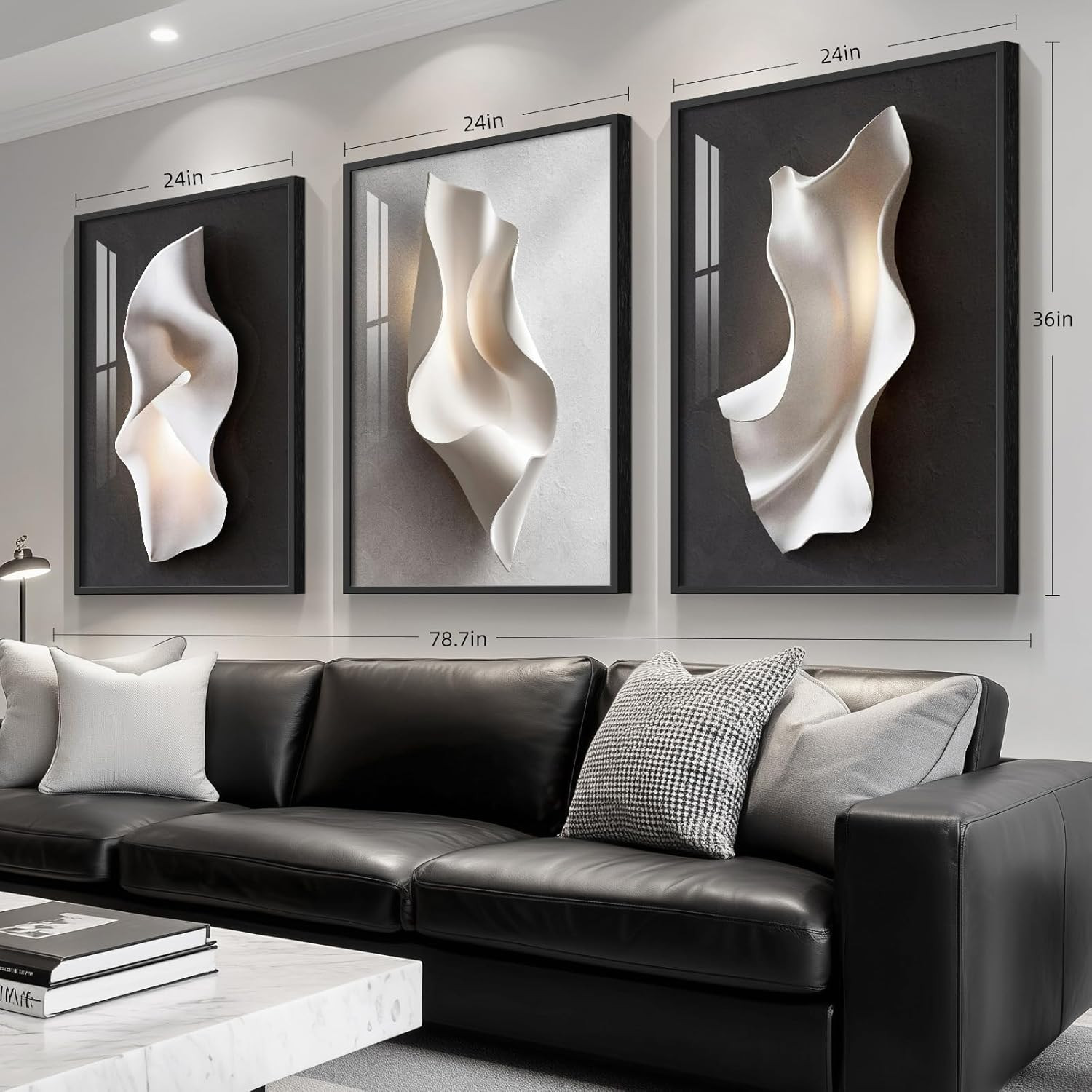 Framed Abstract Black and White Wall Art for Living Room, Large 3 Piece Modern B