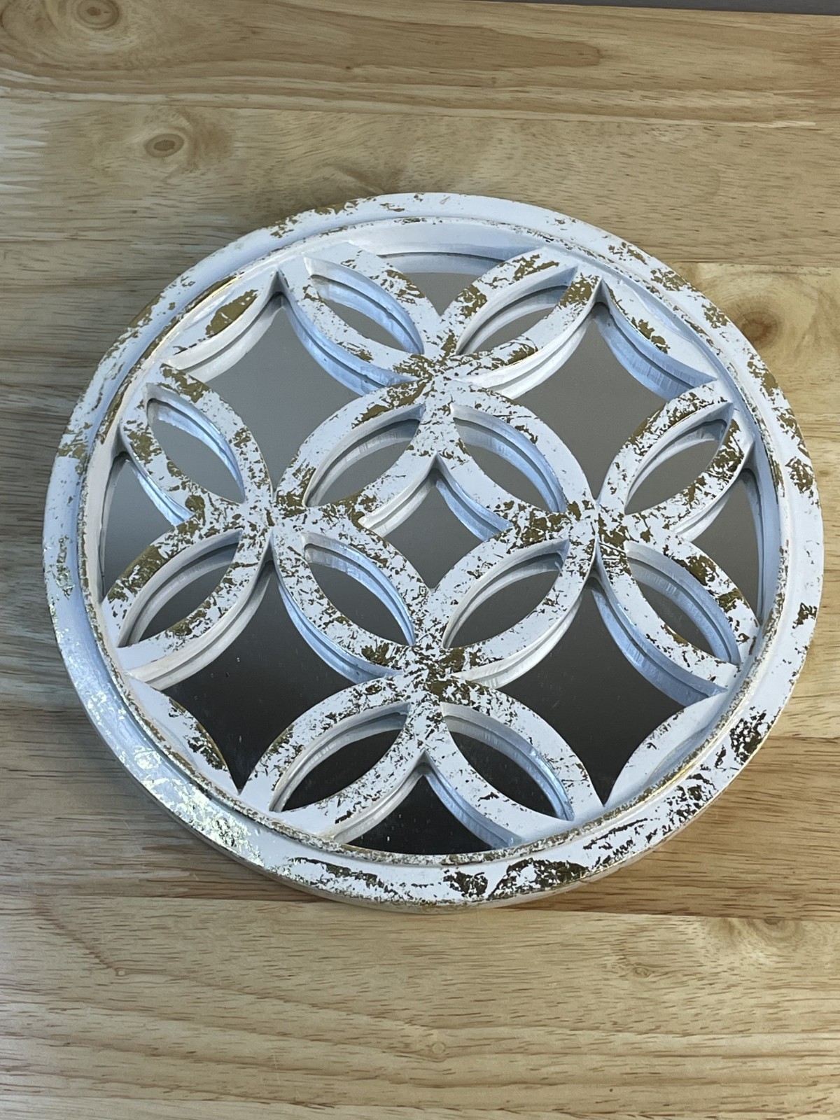 Rustic Round Wall Mirror Distressed White Gold Geometric Farmhouse 8”