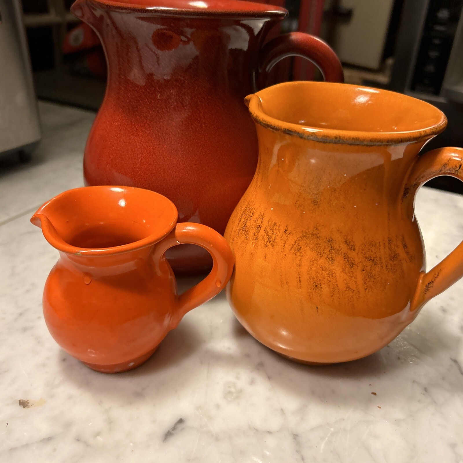 Rustic Trio (set Of 3) Ceramic Pitchers 7”, 5” & 3” MADE IN ITALY Red/orange