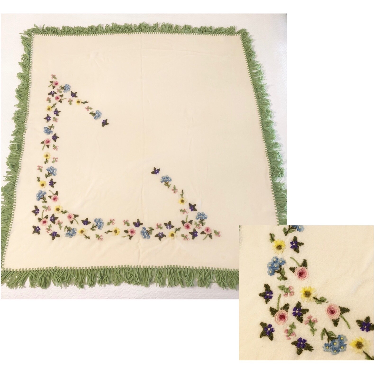 VTG 60s Handmade Crewel Floral Embroidered Throw Cream w Green Fringe 50×47 OOAK