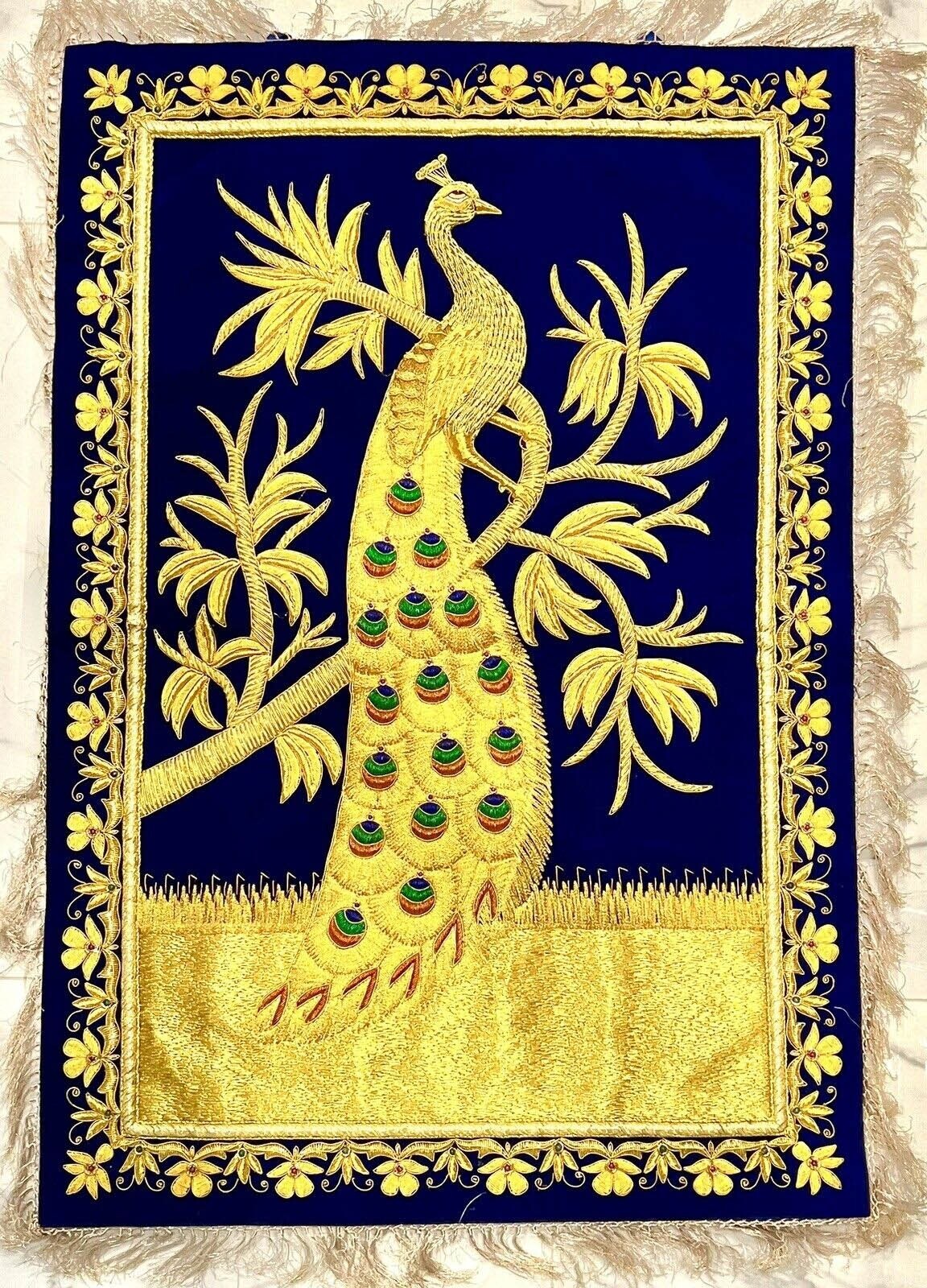3&rsquo;x2&prime; Blue Zari Embroidery Wall Hangings Peacock Design Handcrafted Masterpiece
