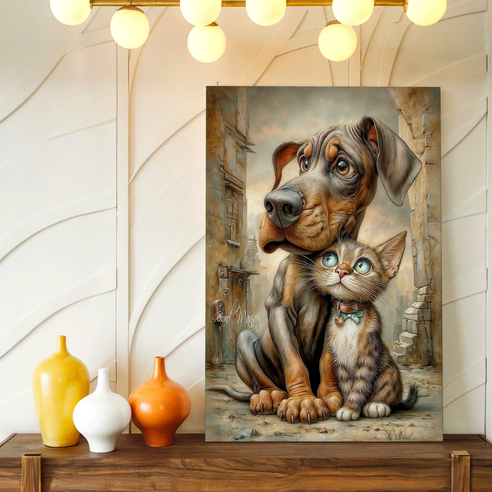 Wall Art Dog and Cat Portrait Canvas Print Cute Animal Friends Rustic Decor