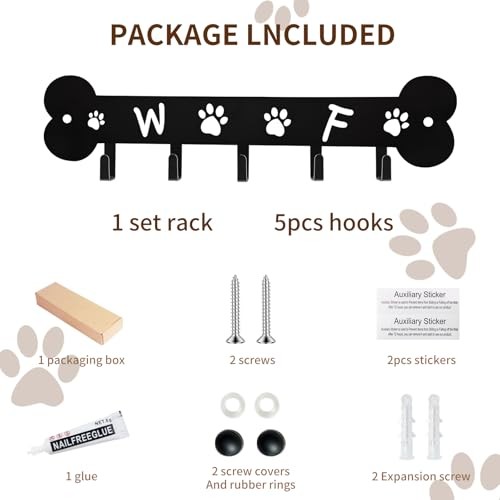 Dog Leash Holder for Wall Key Hooks Decorative, 5 Hooks 11×2.75 inch for Wall