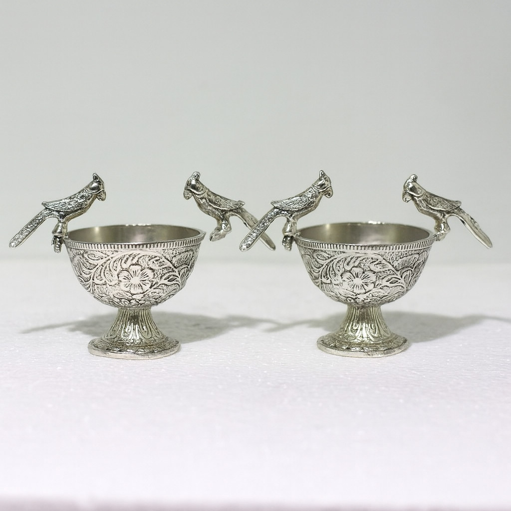 Handcrafted Silver Decorative Bowls Set | Floral Engraved Pair