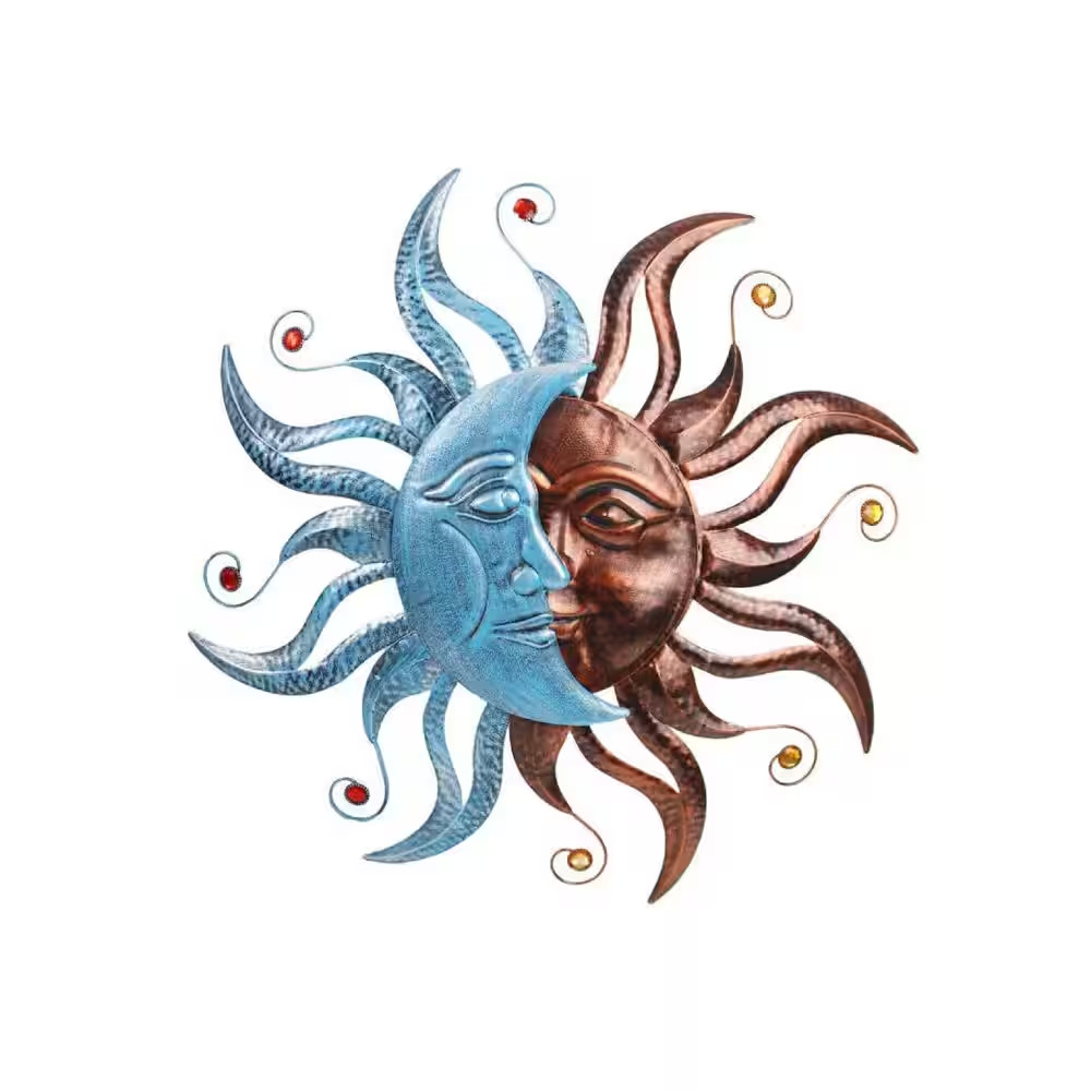 28 In. X 28 In. Multi-Colored Metal Outdoor Sun and Moon 3D Wall Sculpture