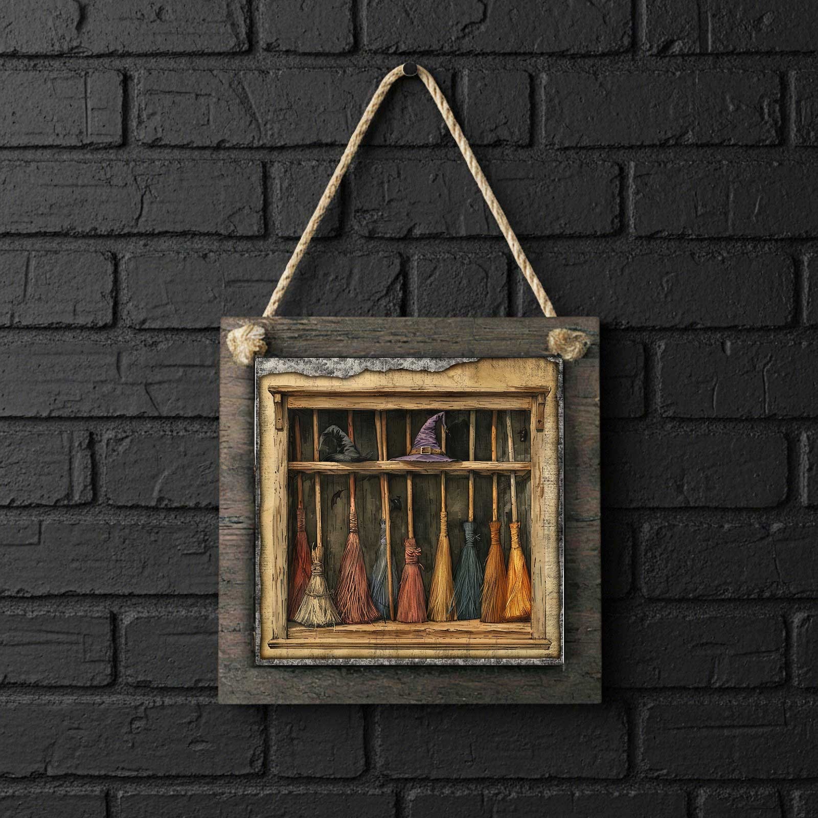Wood Hanging Sign Halloween Brooms Witch Decor Spooky Wall Art 4.8 Inch