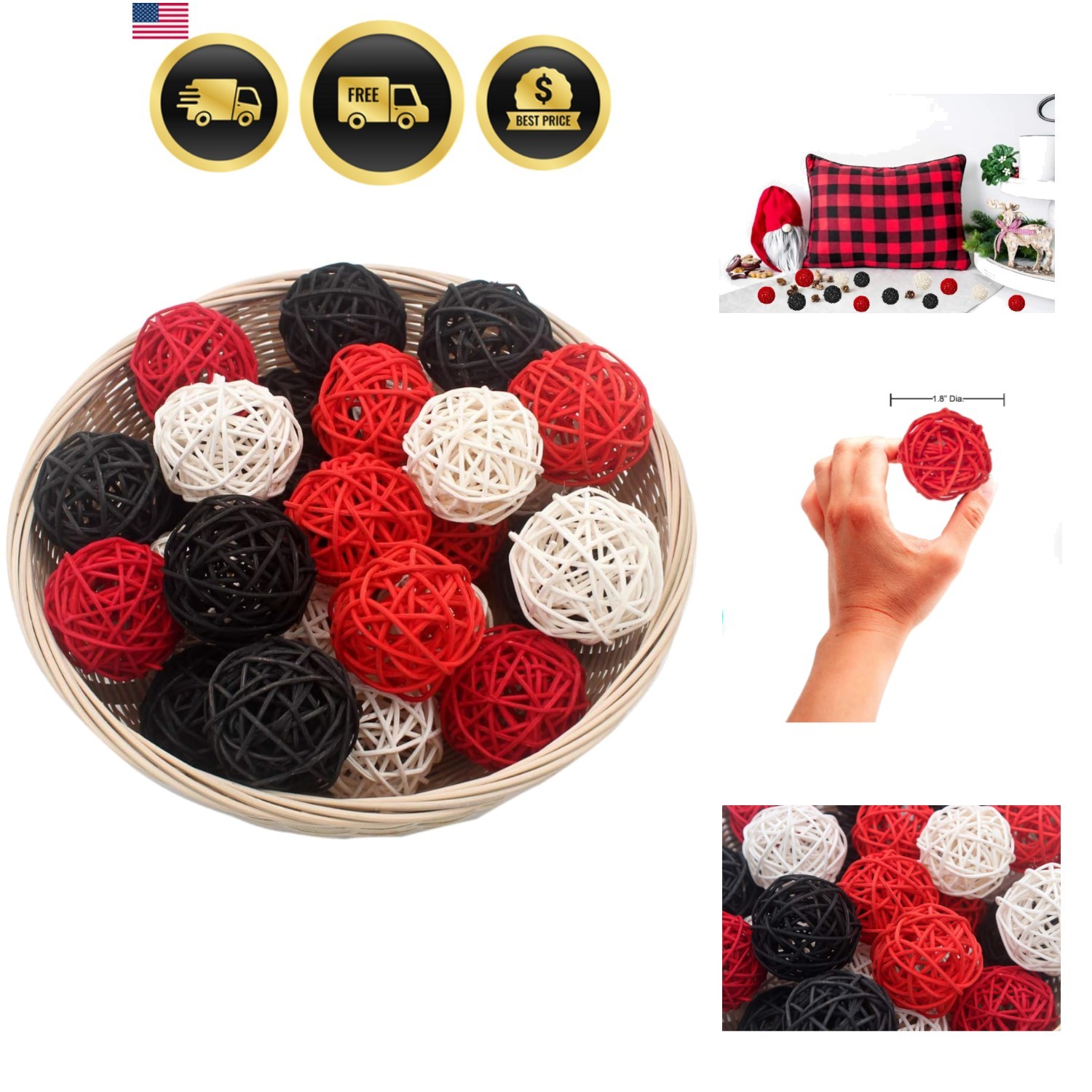 15 PCS Red Black White Decorative Wicker Rattan Balls for Vase Bowl Filler, R…