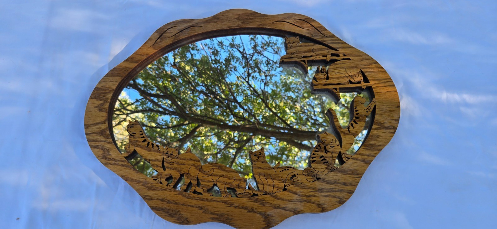 Jig-Saw Solid Oak Carved Wood Domestic Cat Family Mirror 1990&rsquo;s Vintage 18.5&Prime; L