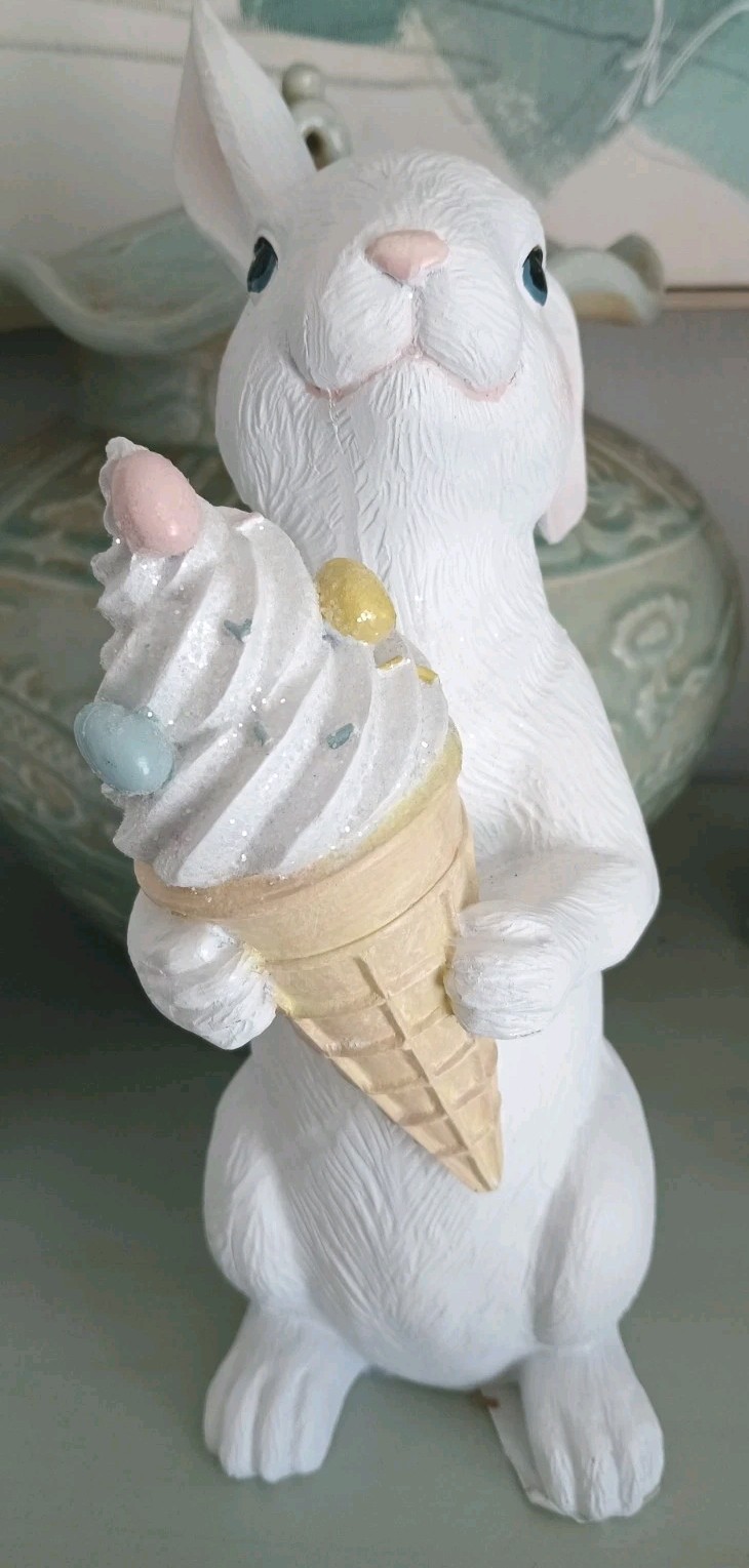 White Bunny Rabbit Holding Ice Cream Figurine – Easter Decor -5&Prime; x 13&Prime;H