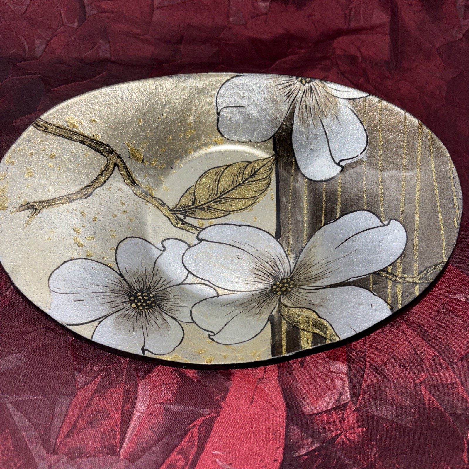 Dogwood Flower Oval Glass Bowl Hand Painted Gold Glitter Decorative Accessory