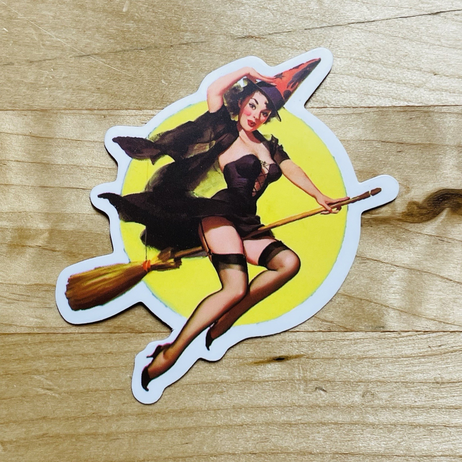 2.25&Prime; Sexy Witch Pinup Girl Matte Vinyl Halloween Full Moon Sticker Decal