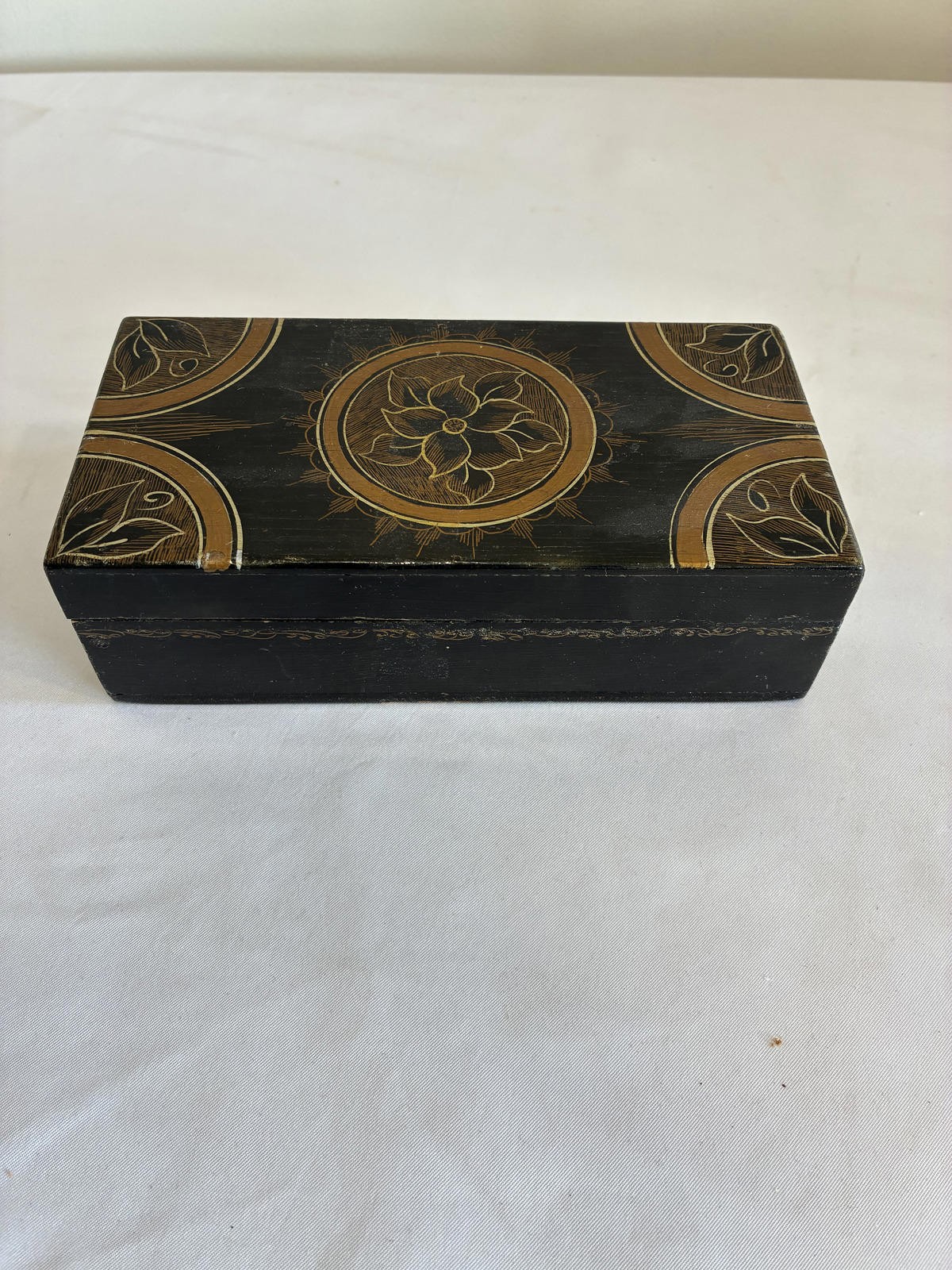 Vintage Black Lacquer & Gold Floral Wooden Decorative Box
