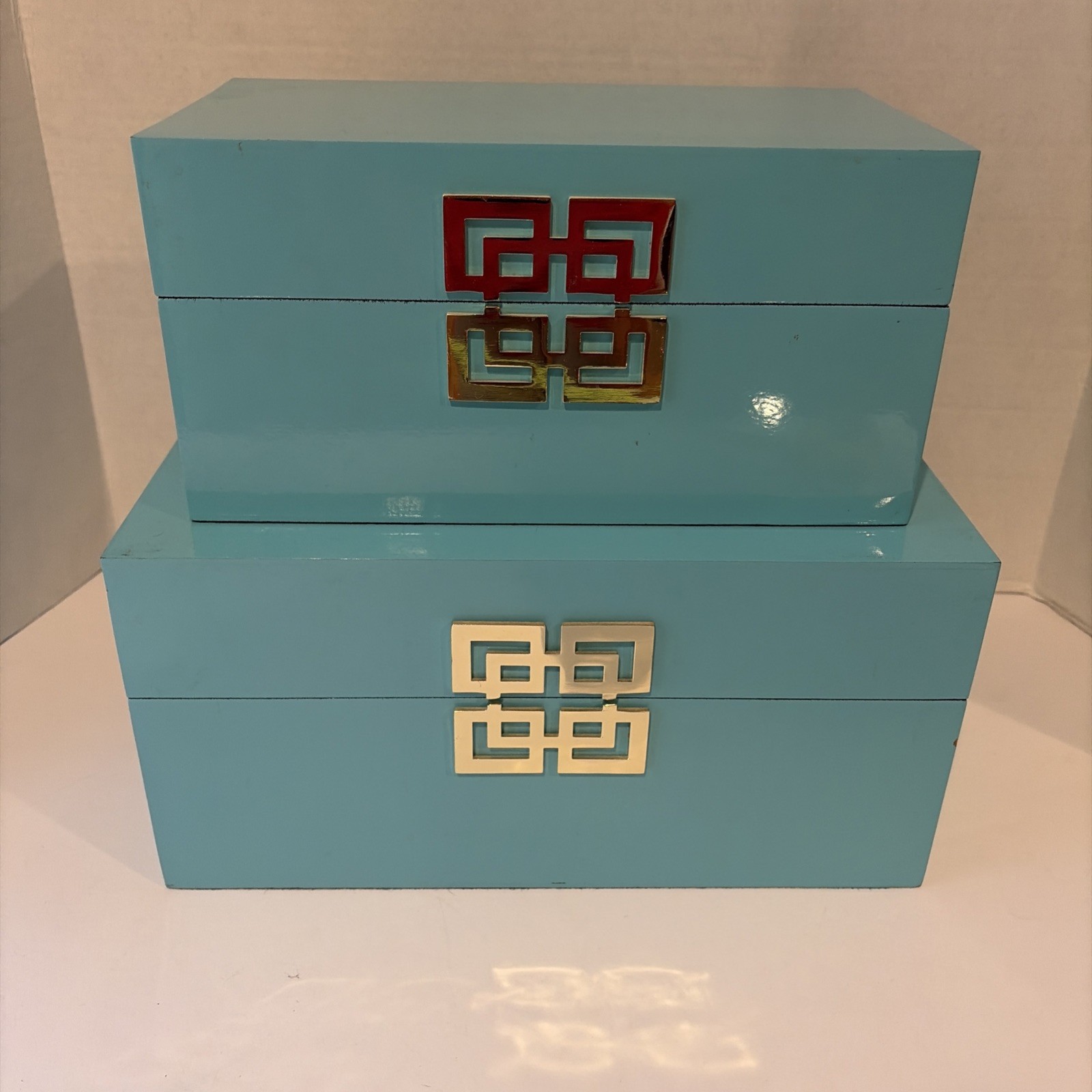 Z Gallerie Ming Lacquer Boxes Set of 2 Aquamarine Gold Medallion Pair