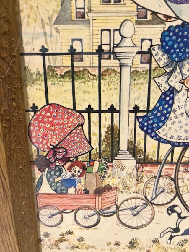 Vintage 1970s Holly Hobbie Wood Framed Picture Girls bike wagon wall hanging