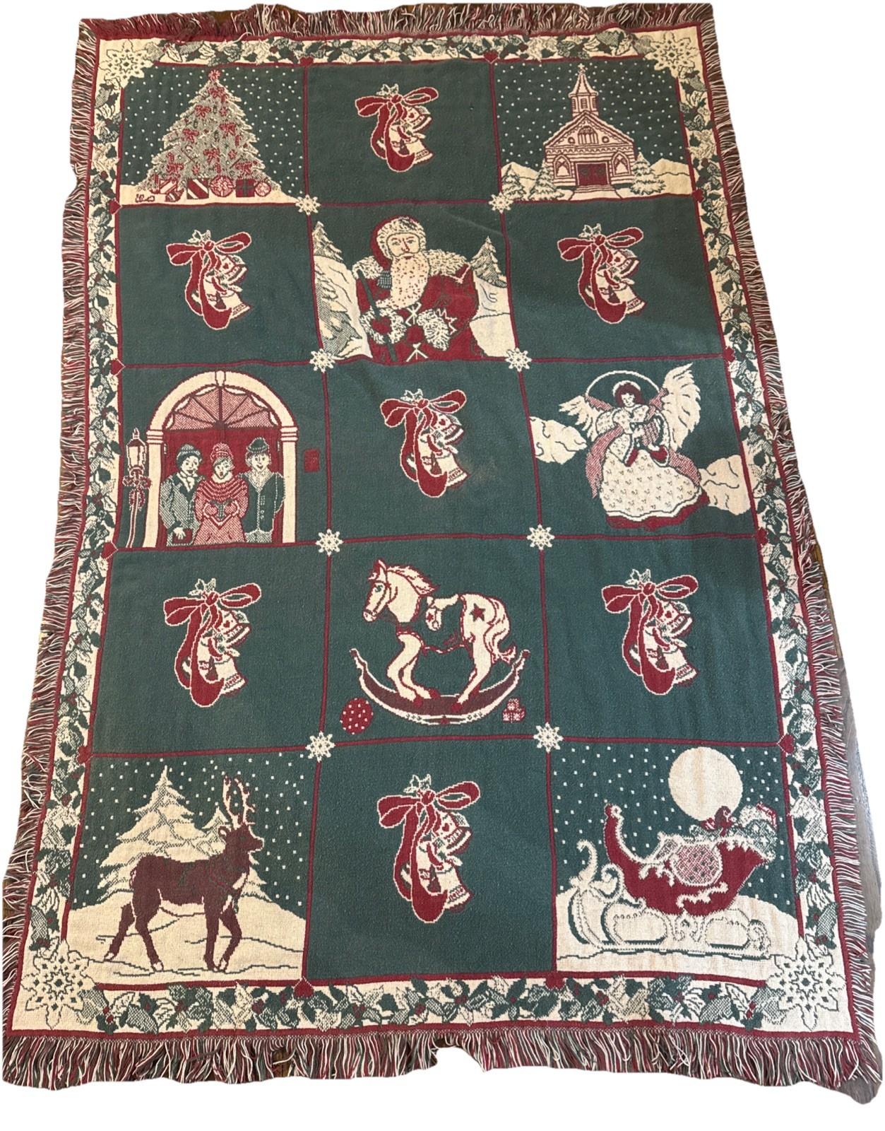VTG 90’s CHRISTMAS SANTA CLAUS TAPESTRY THROW BLANKET Angel See Photos 46×70