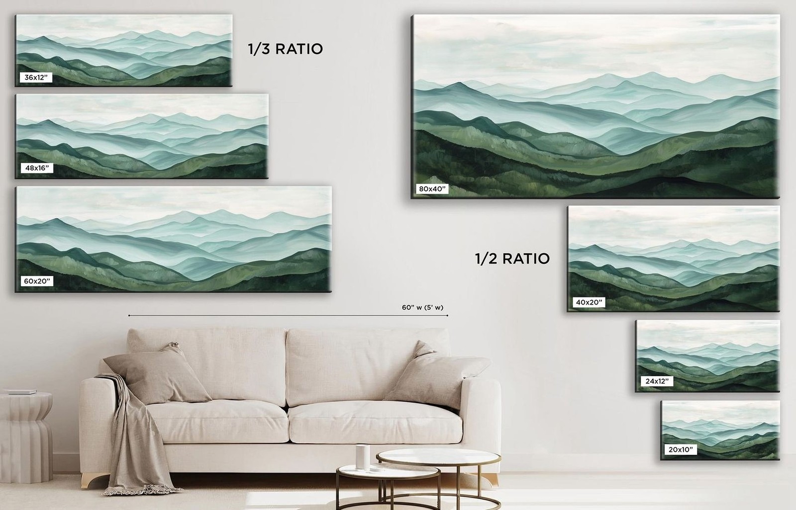 Abstract Mountain Canvas Sage Green Watercolor Panoramic Wall Art