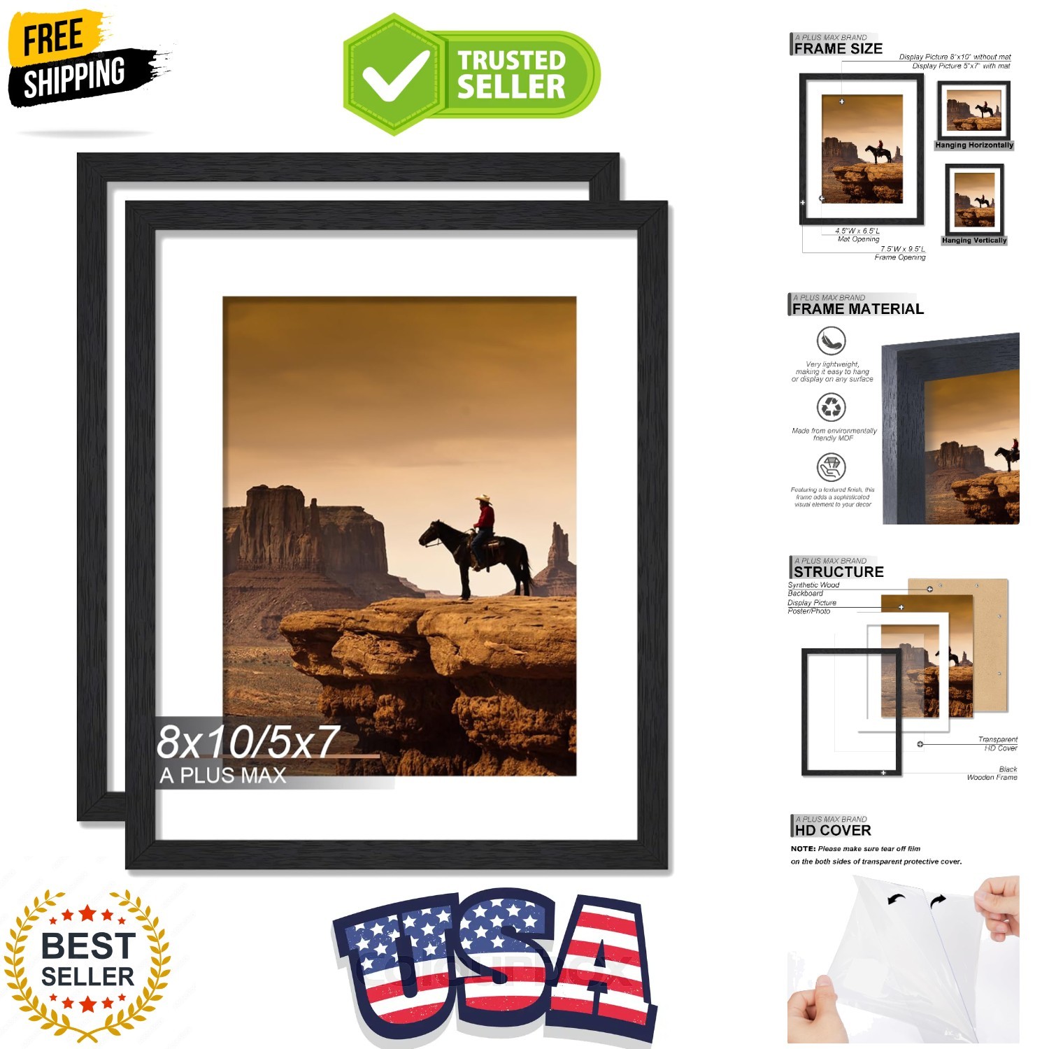 8×10 Picture Frame Set of 2, Black Engineered Wood Frame for 8 x 10 Inch Pict…