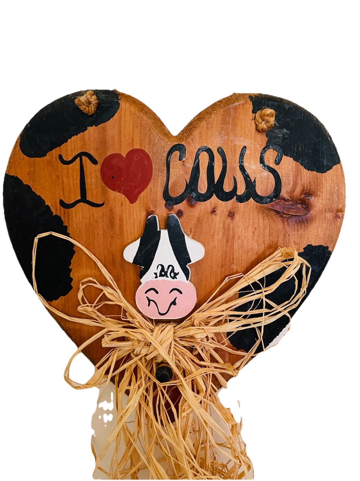 Vintage 1990s « I Love Cows » Wooden Heart Wall Hanging Raffia Cow Decor