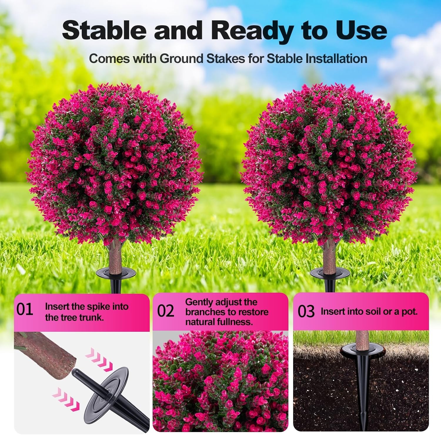 2PC 26&Prime; Artificial Pink Boxwood Topiary Bushes UV Resistant for Indoor & Outdoor
