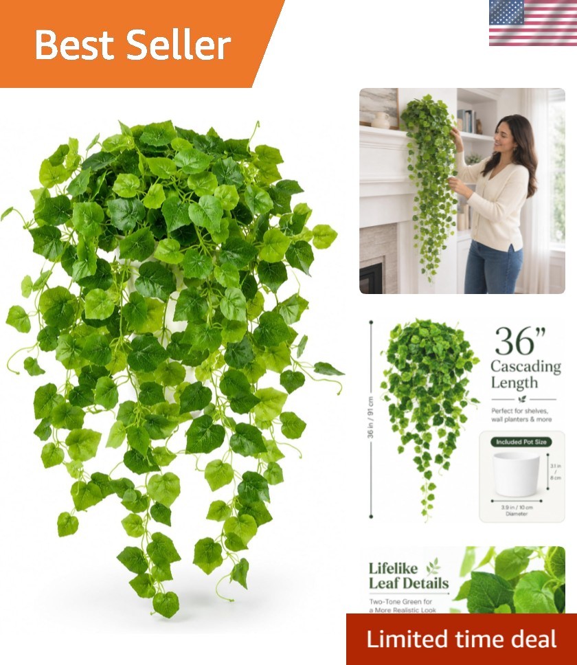 36&Prime; Fake Pothos Hanging Plant in Pot, Artificial Hanging Plant with 168 Lush …