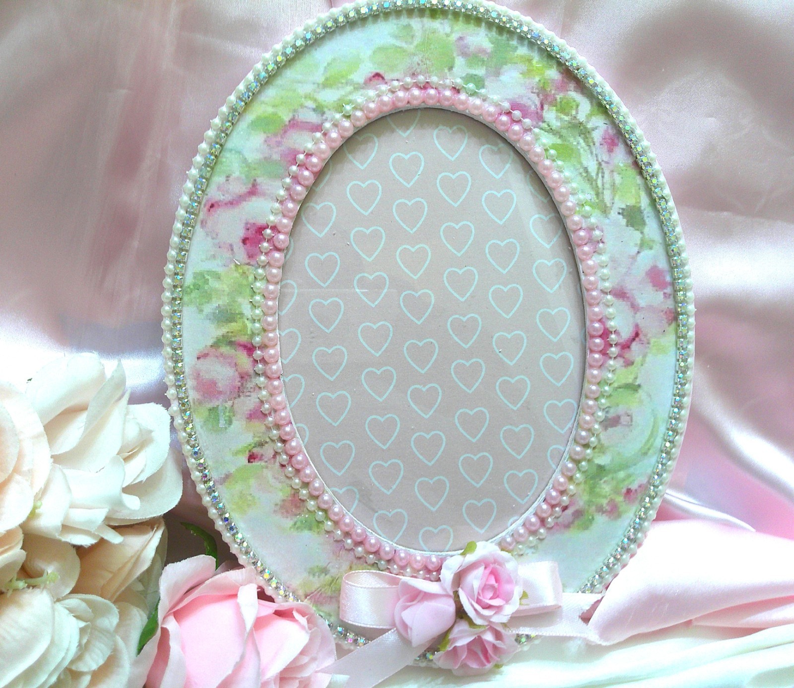 Shabby Chic Picture Frame~PINK Rose Design Pattern w/Pearl/Rhinestone Trim~OOAK
