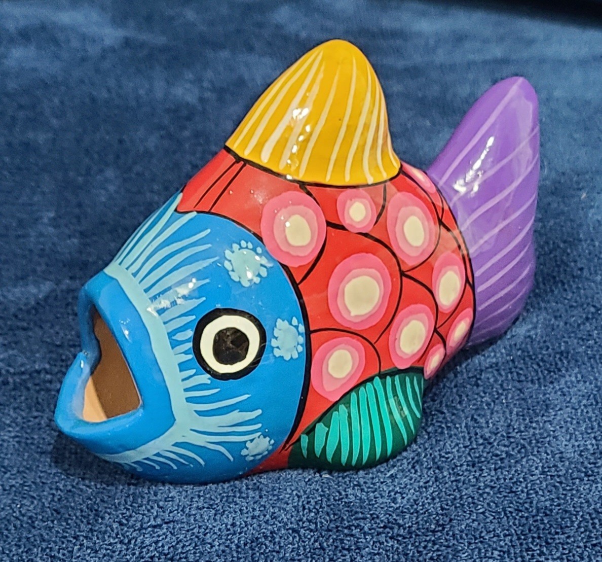 Small 4&Prime; Colorful Hand Painted Fish Mexican Pottery Folk Art Talavera Tonala