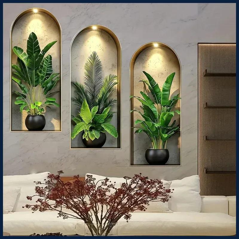 3D Watercolor Plant Wall Stickers – Realistic Potted Plants Decor, Self-Adhesive