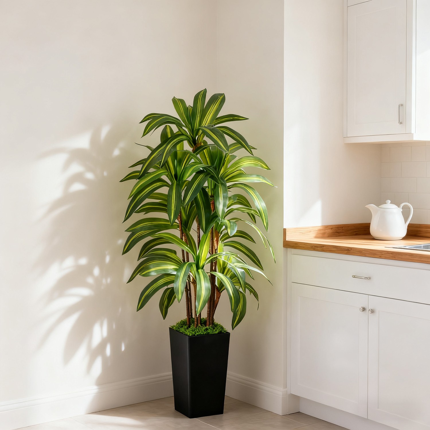 Artificial Dracaena Tree with Lights, 5Ft Fake Plants Black Tall Planter Indoor