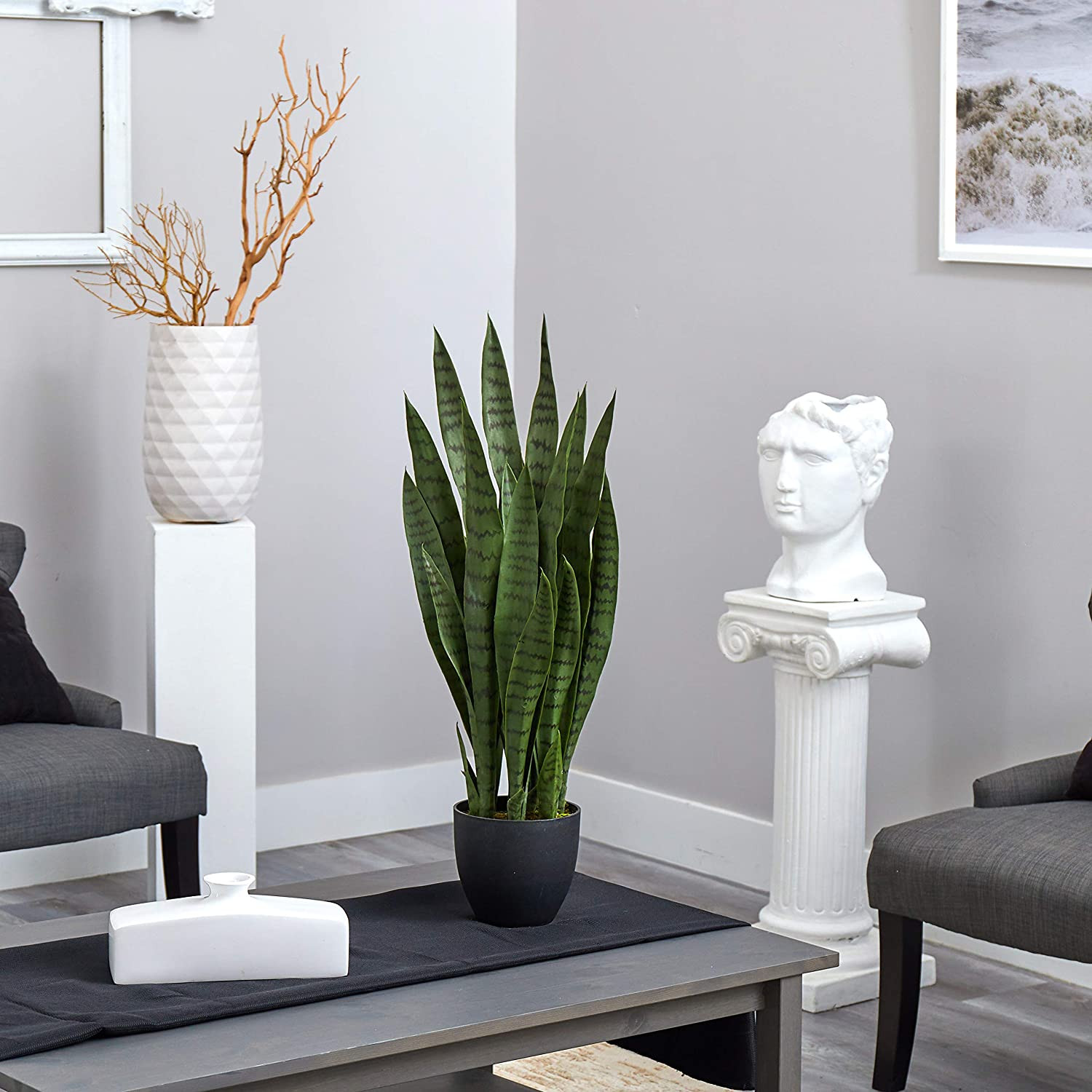 35In Artificial Snake Plant, Sansevieria Faux Greenery with Black Planter for In
