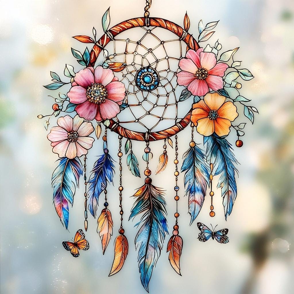 Floral Dreamcatcher Suncatcher ACRYLIC Window Hanging Feather decor