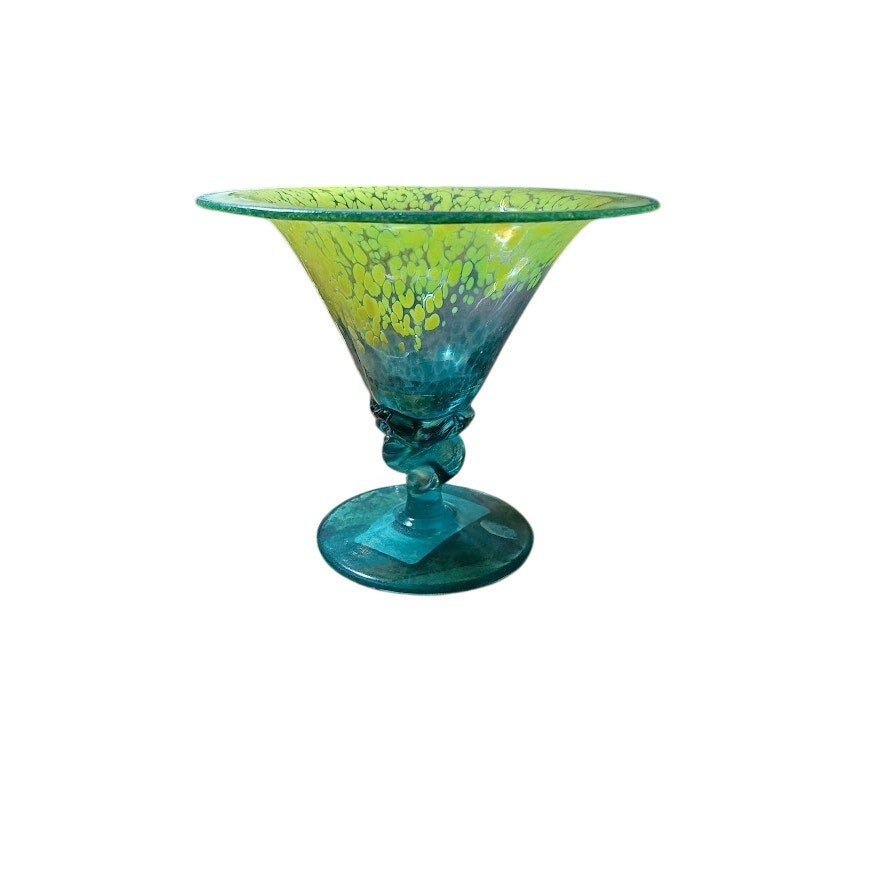 Vintage Mdina Art Glass Compote Blue Turquoise Body with Yellow Speckle