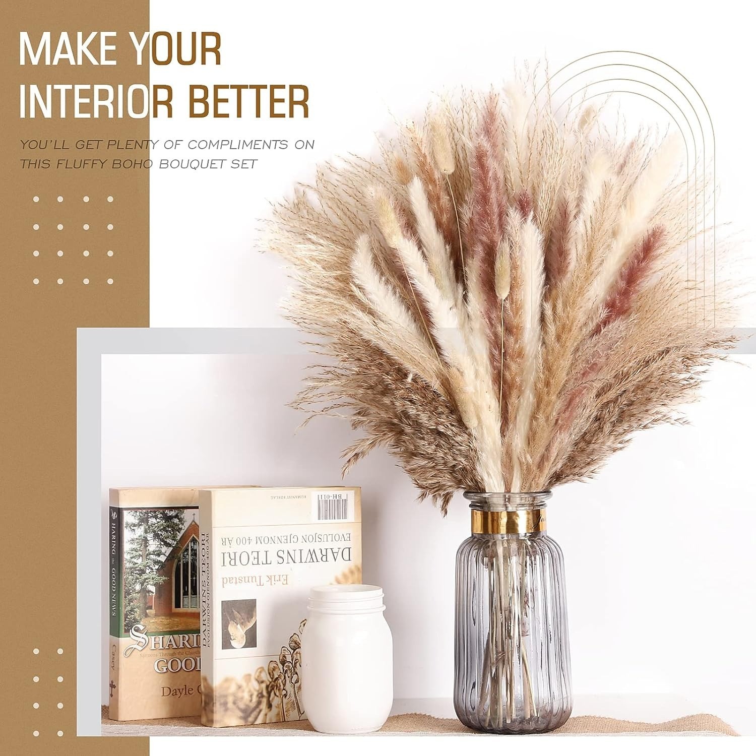 75pc Dried Pampas Grass Decor White Brown Fluffy Bouquet Boho Wedding Table Vase