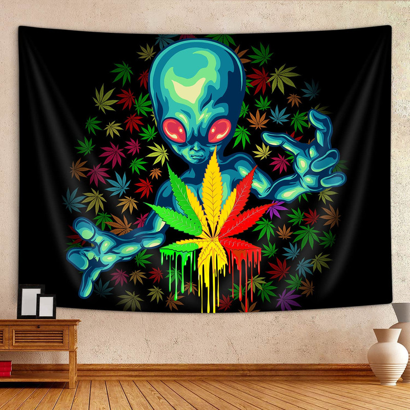 Dynh Cool Weed Tapestry For Men Trippy Alien Stuff Marijuana Leaf Tapestry Wall