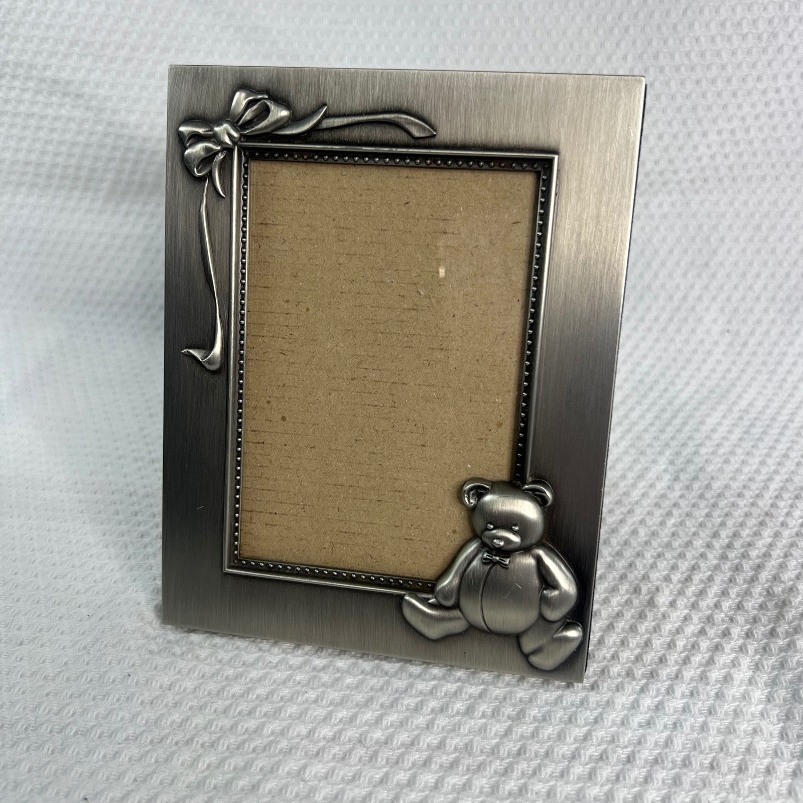 Burnes Of Boston Brushed Silver Picture Frame W/Teddy Bear & Bow Size 3.5&Prime; X 5&Prime;
