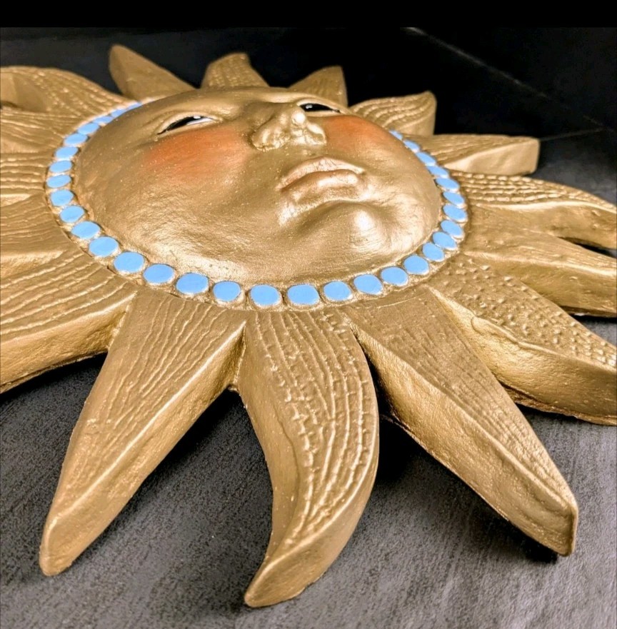 Gold Celestial Chalkware Sun Face Turquoise Dots Wall Decor 11&Prime; Boho Plaster