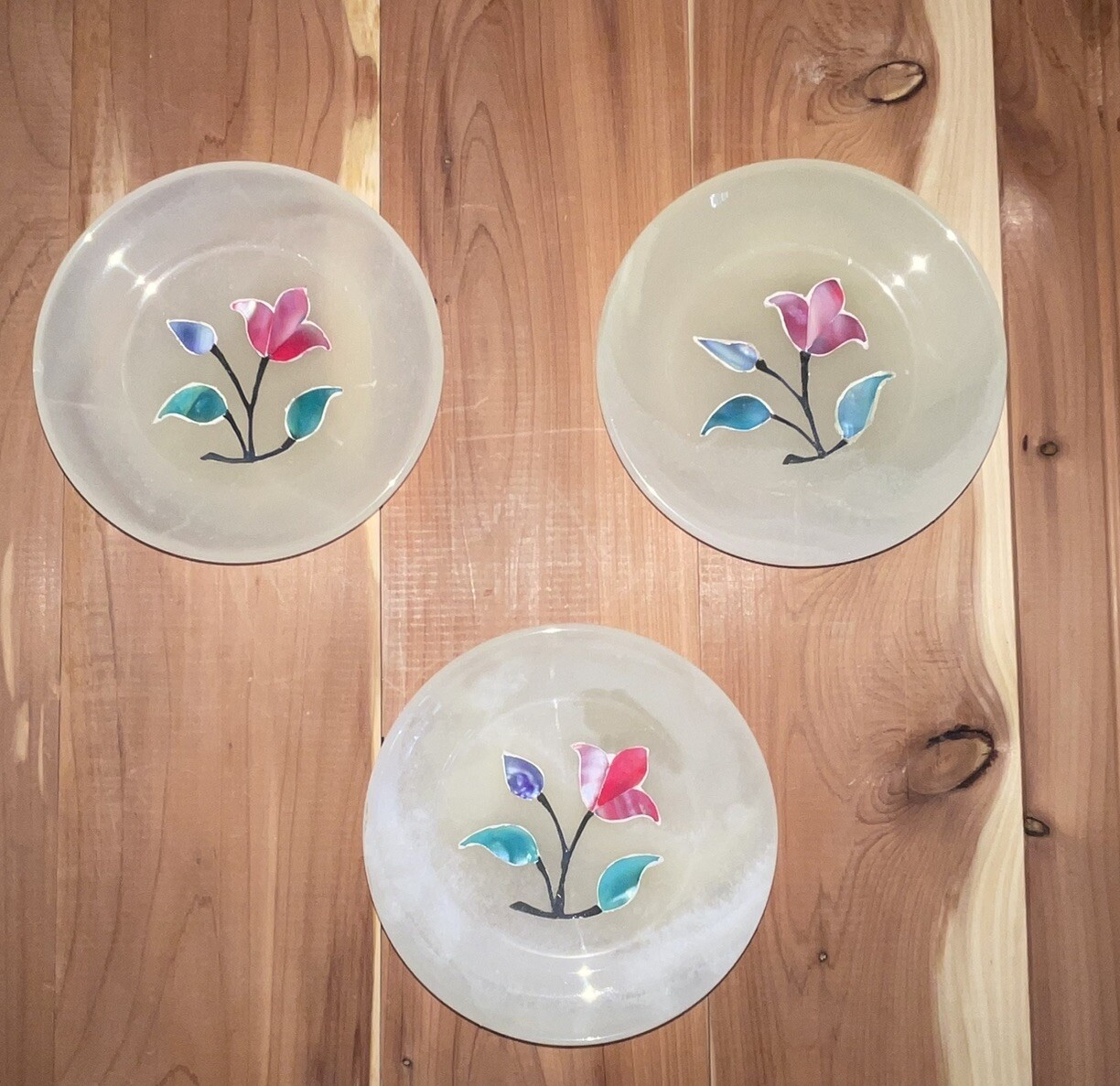 Set Of 3 Gorgeous White calcite & Abalone inlay/Marble inlayed 4” Plates/Dishes