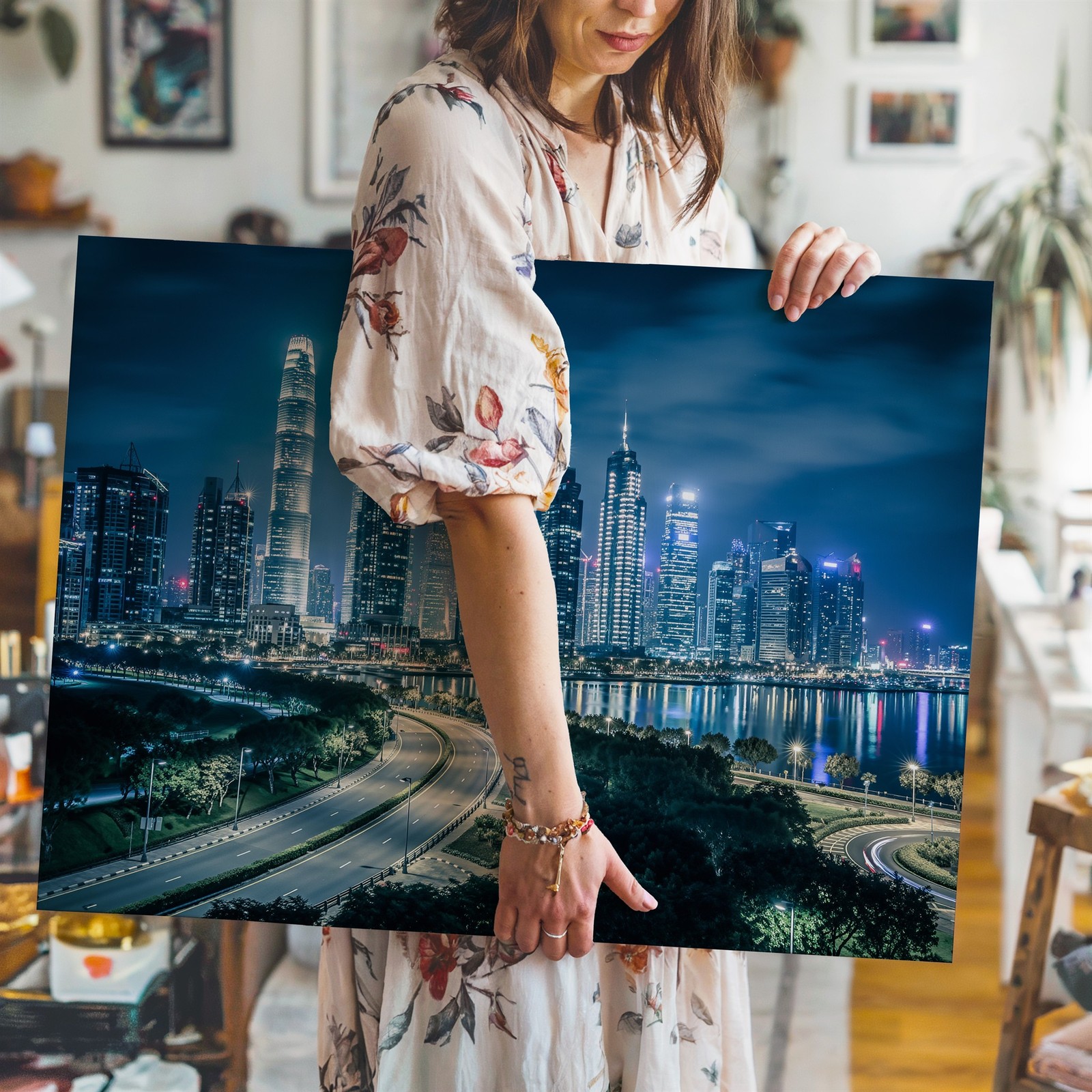 Stunning Nighttime Cityscape Featuring A Modern Skyline Dominated By Wall Art