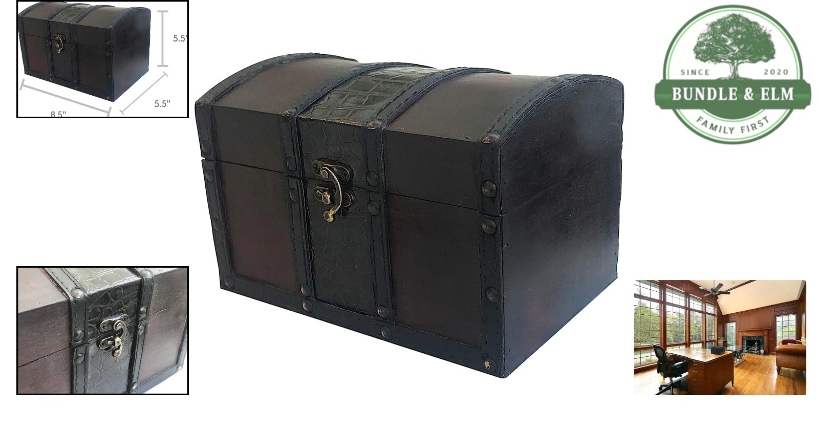 Handcrafted Wooden Treasure Chest Decorative Storage Box with Antique Style