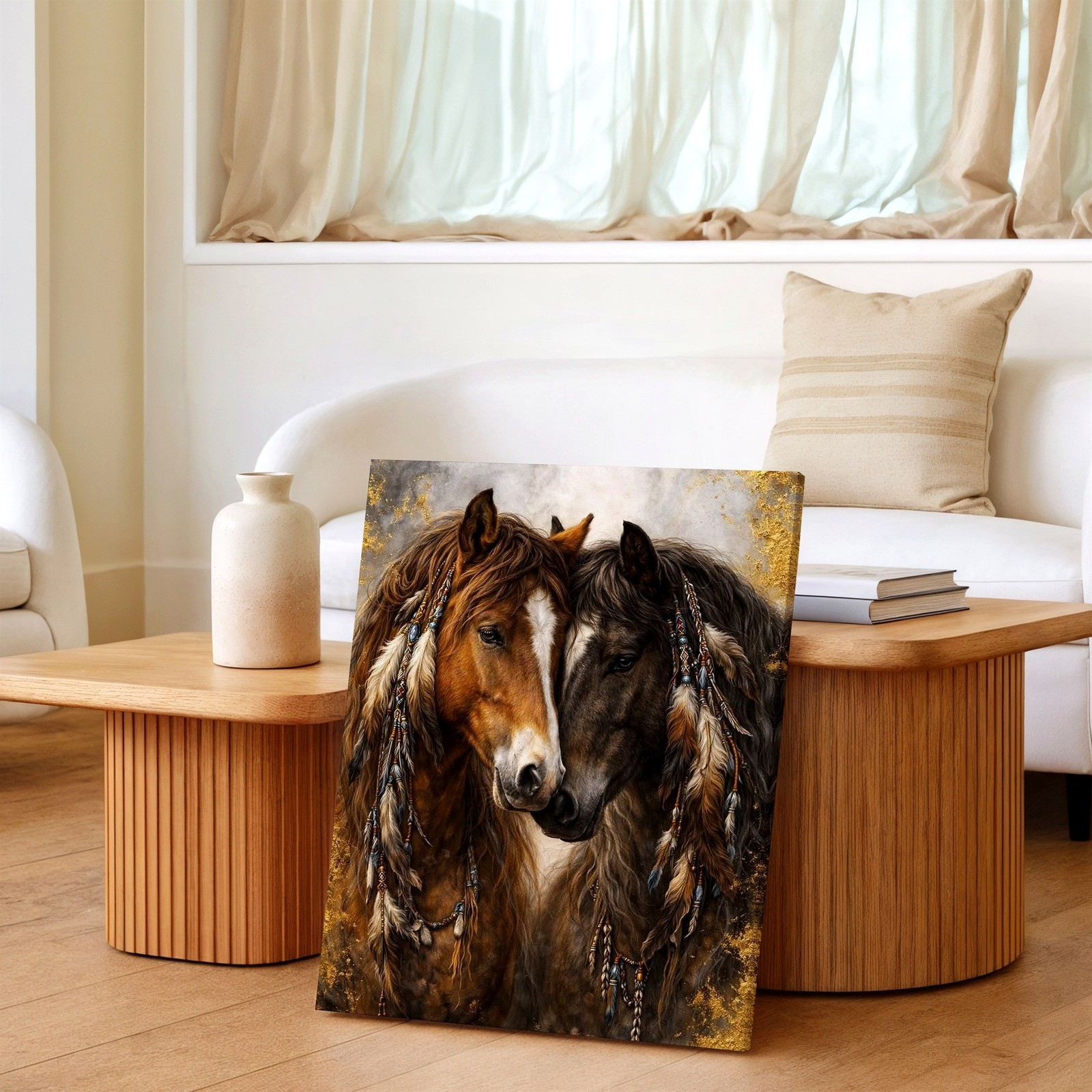 Canvas Two Horses Rustic Western Animal Face Portrait Gold Home Gallery Print