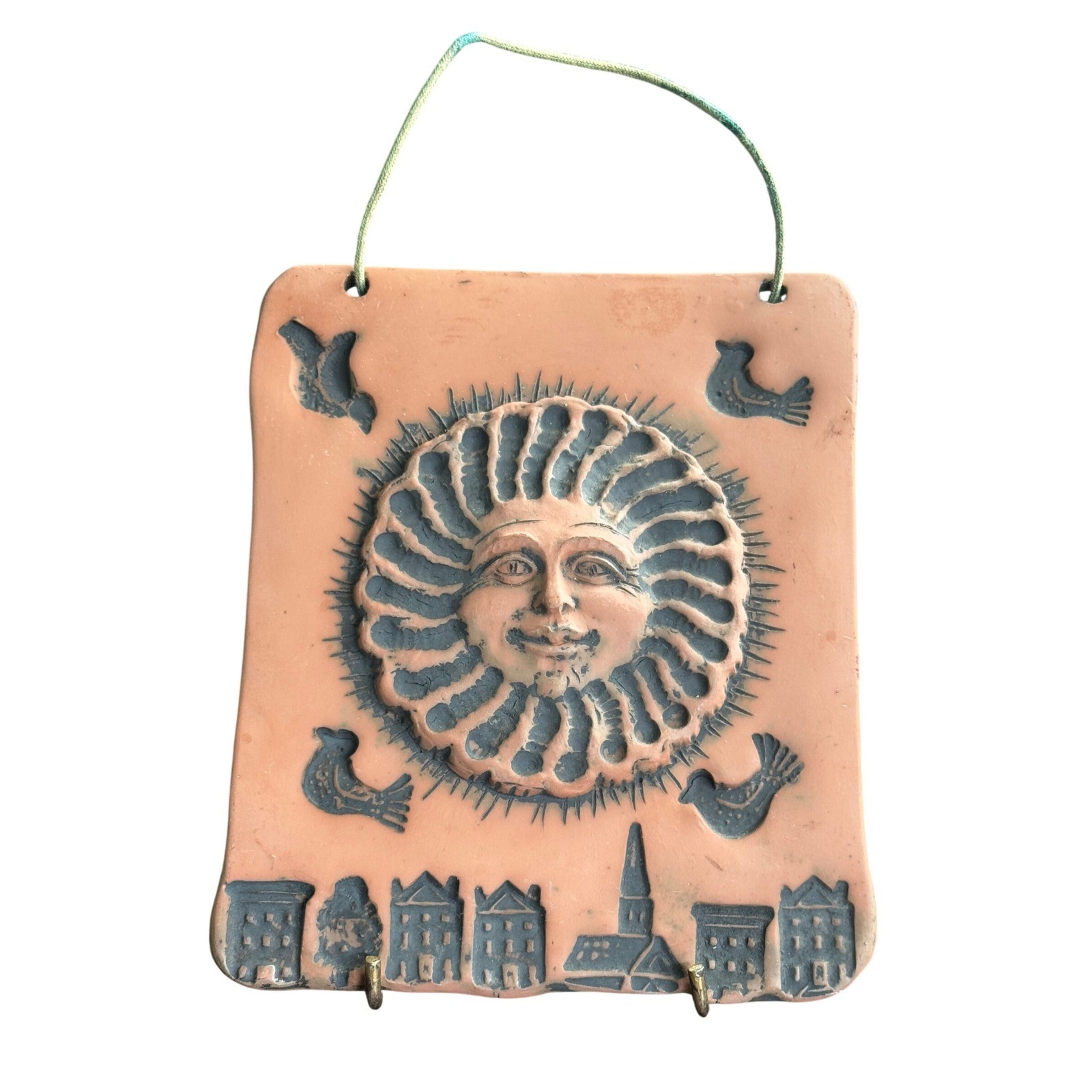 Barbara Sexton 1993 Terracotta Celestial Sun Face Village Wall Plaque Art Tile