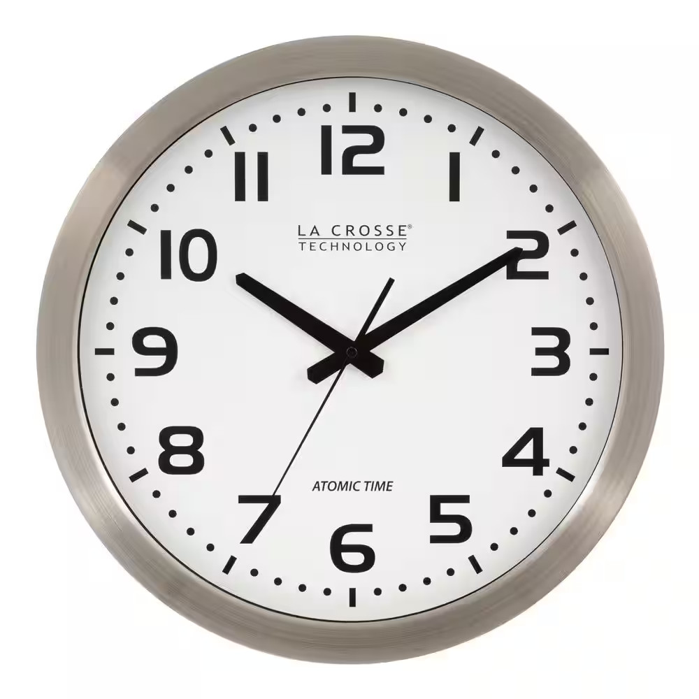16 In. White Dial Brushed Silver Atomic Analog Wall Clock