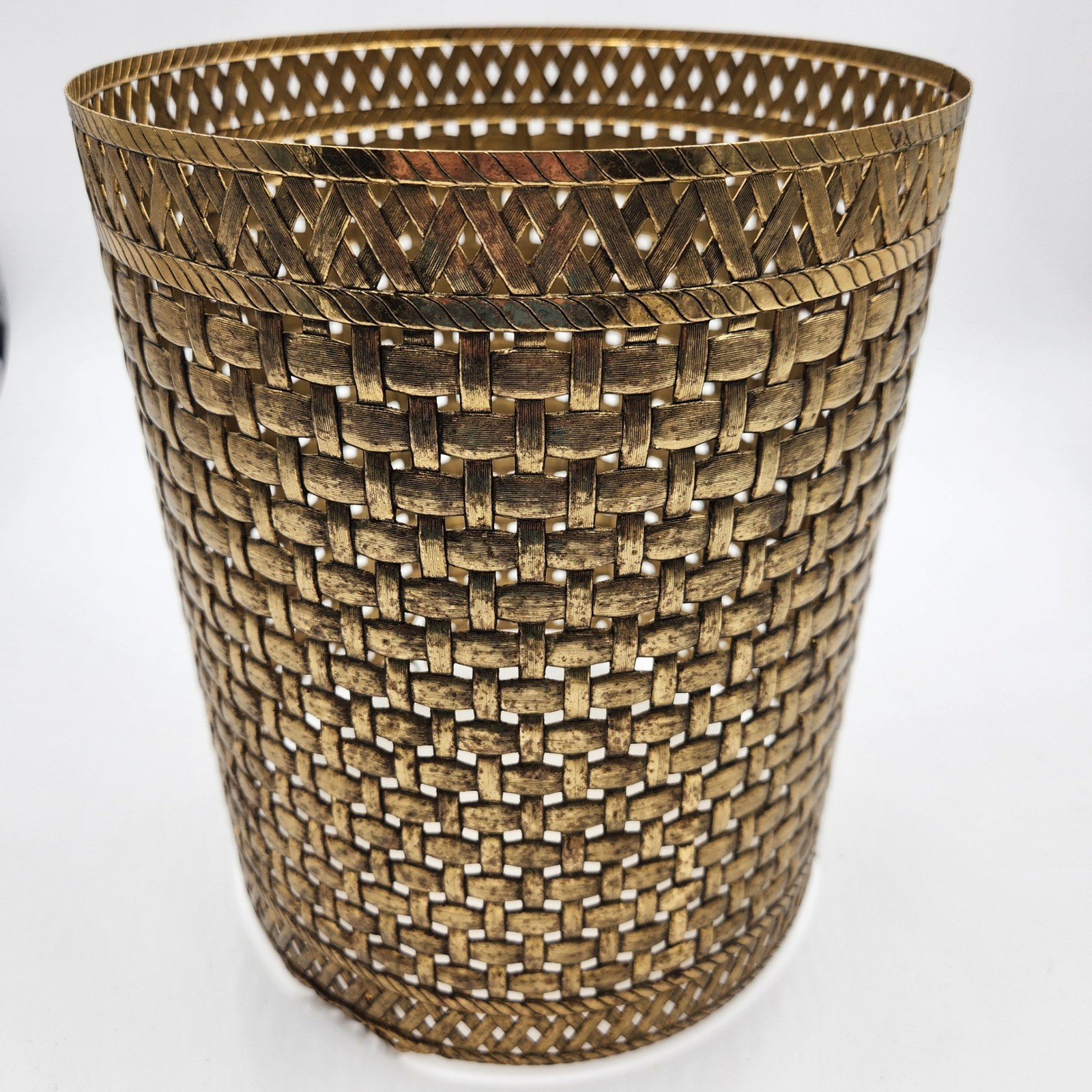 VTG Brass Metal Basket Weave Waste Bin Planter Hollywood Regency Lattice 10&Prime; MCM