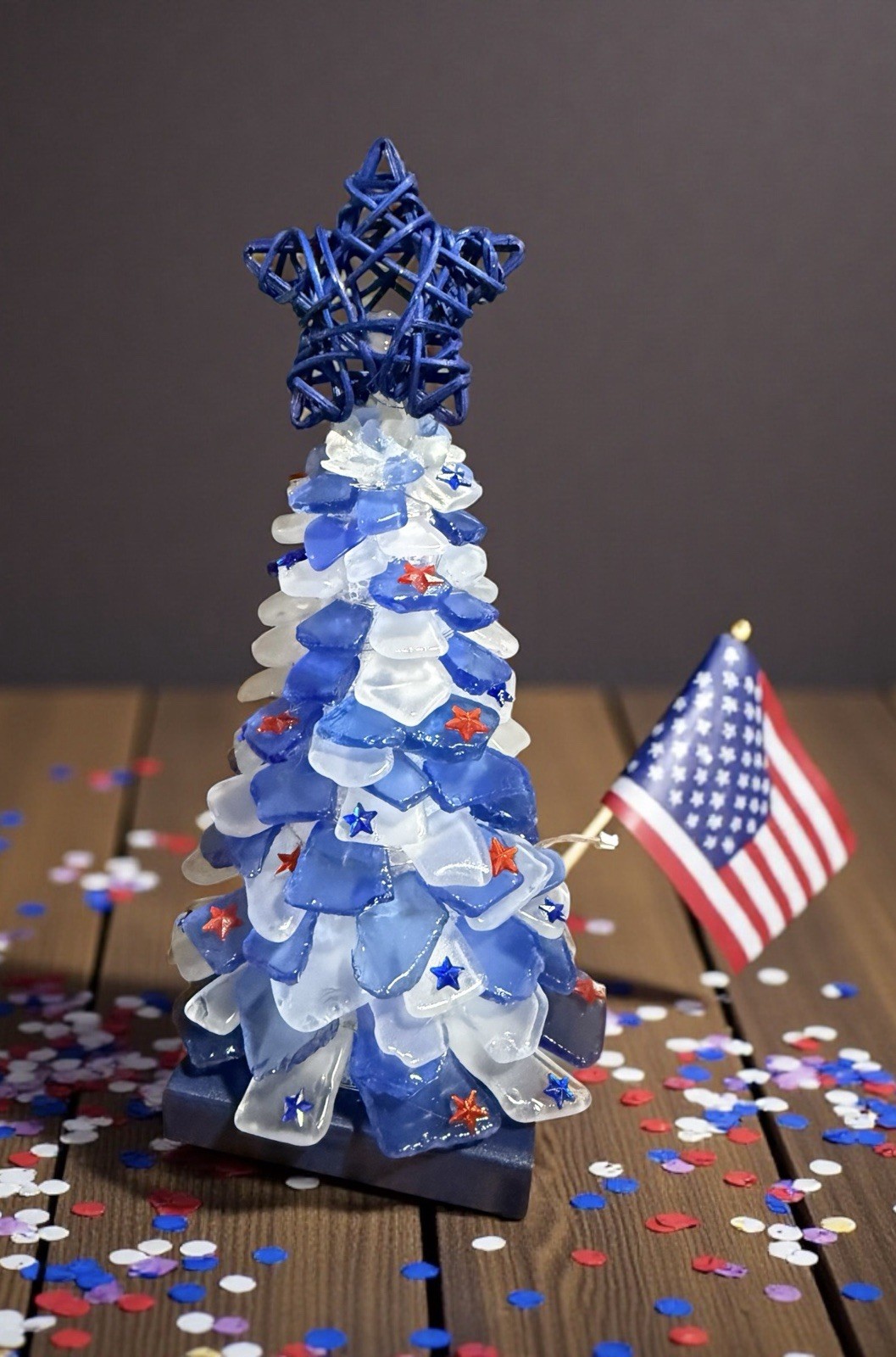 Handmade Blue & White Sea Glass Tree 9”Tall Rechargeable Fairy Lights New