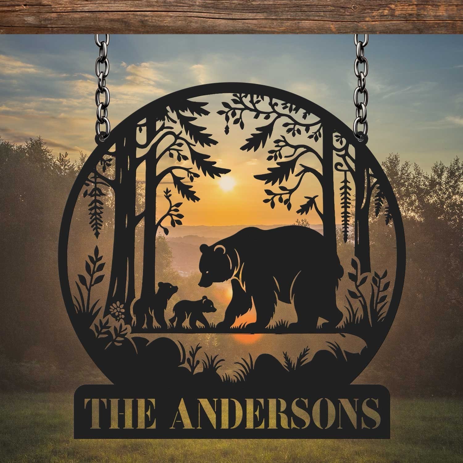 Custom Bear Metal Sign Personalized Cabin Family Name Outdoor Decor Hunter Gift