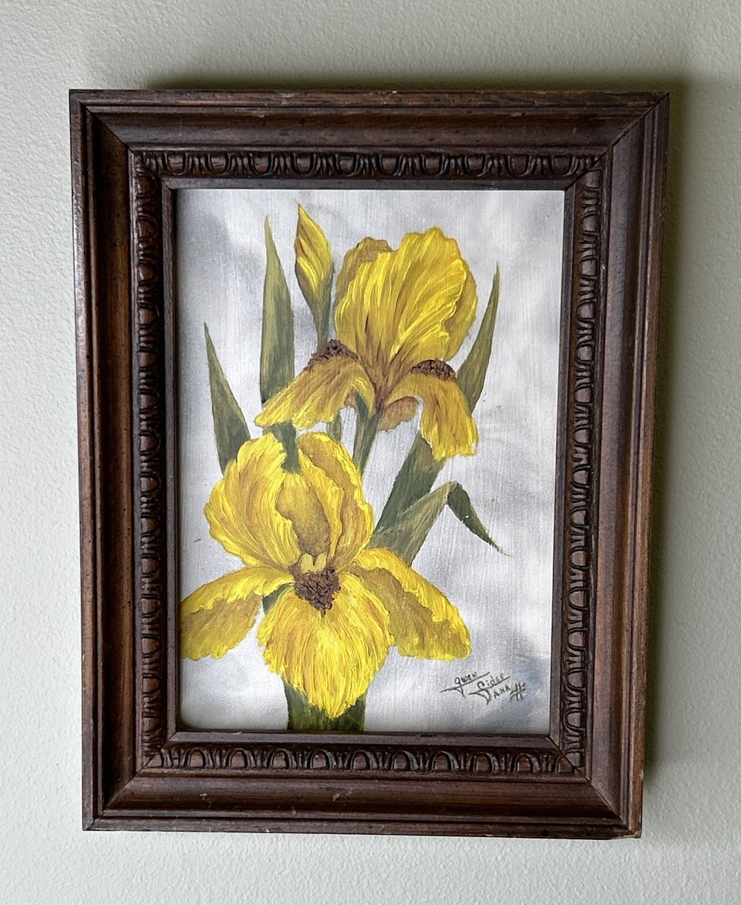 Small Oil Painting Artist Signed Framed Yellow Iris 7 x 9&Prime;