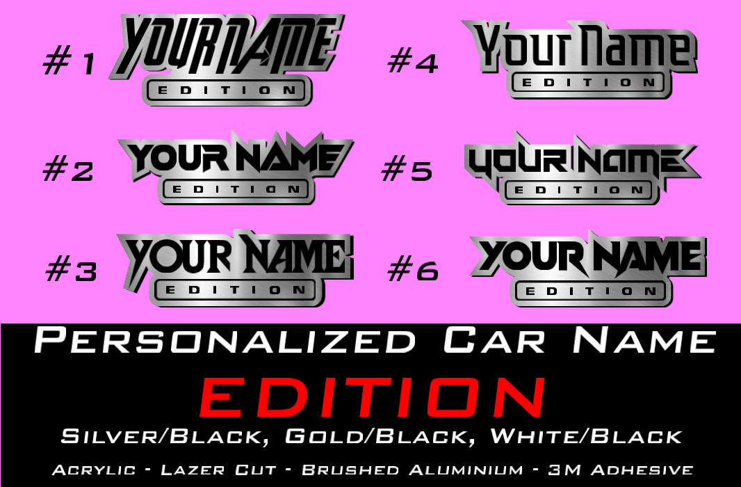 Car badge CUSTOM TEXT « EDITION » Emblem, Car emblem BRUSHED SILVER Text Name Logo