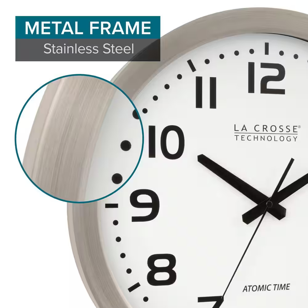 16 In. White Dial Brushed Silver Atomic Analog Wall Clock