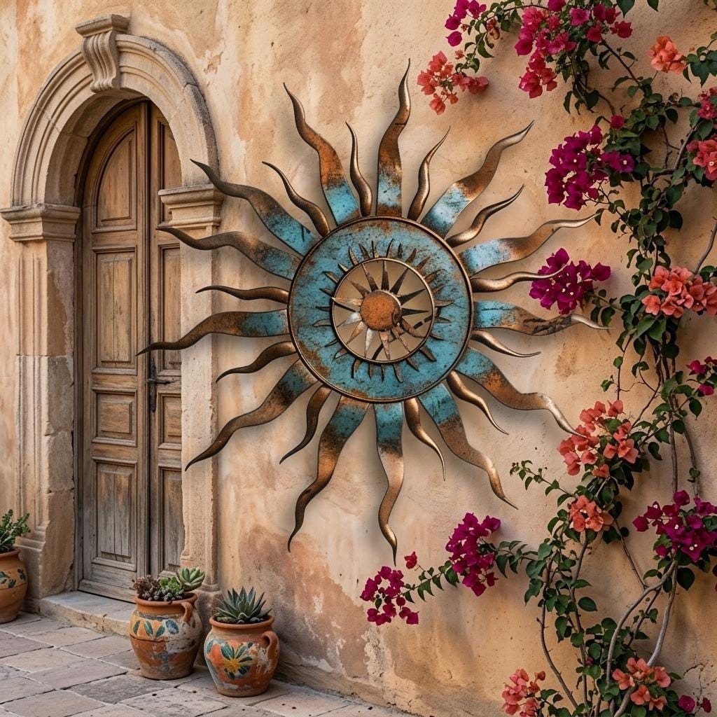 Turquoise Copper Sunburst Metal Wall Art – Boho Southwestern Outdoor Decor