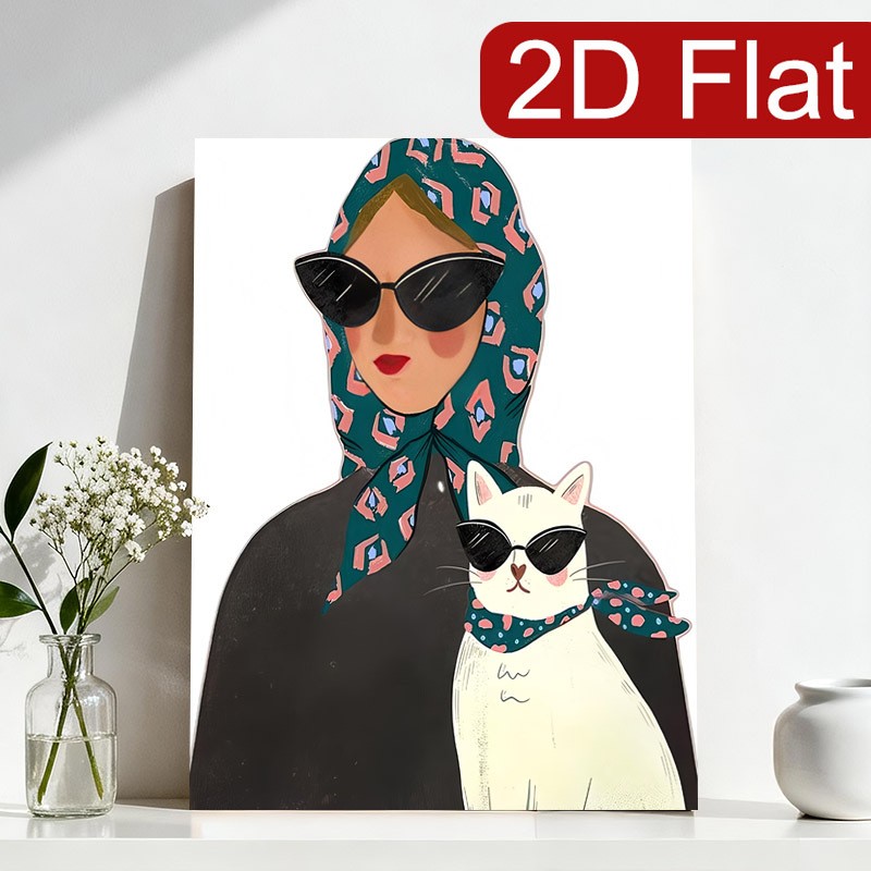Stylish Woman with Cat Matching Sunglasses Canvas Wall Art, Fashion Pet Decor