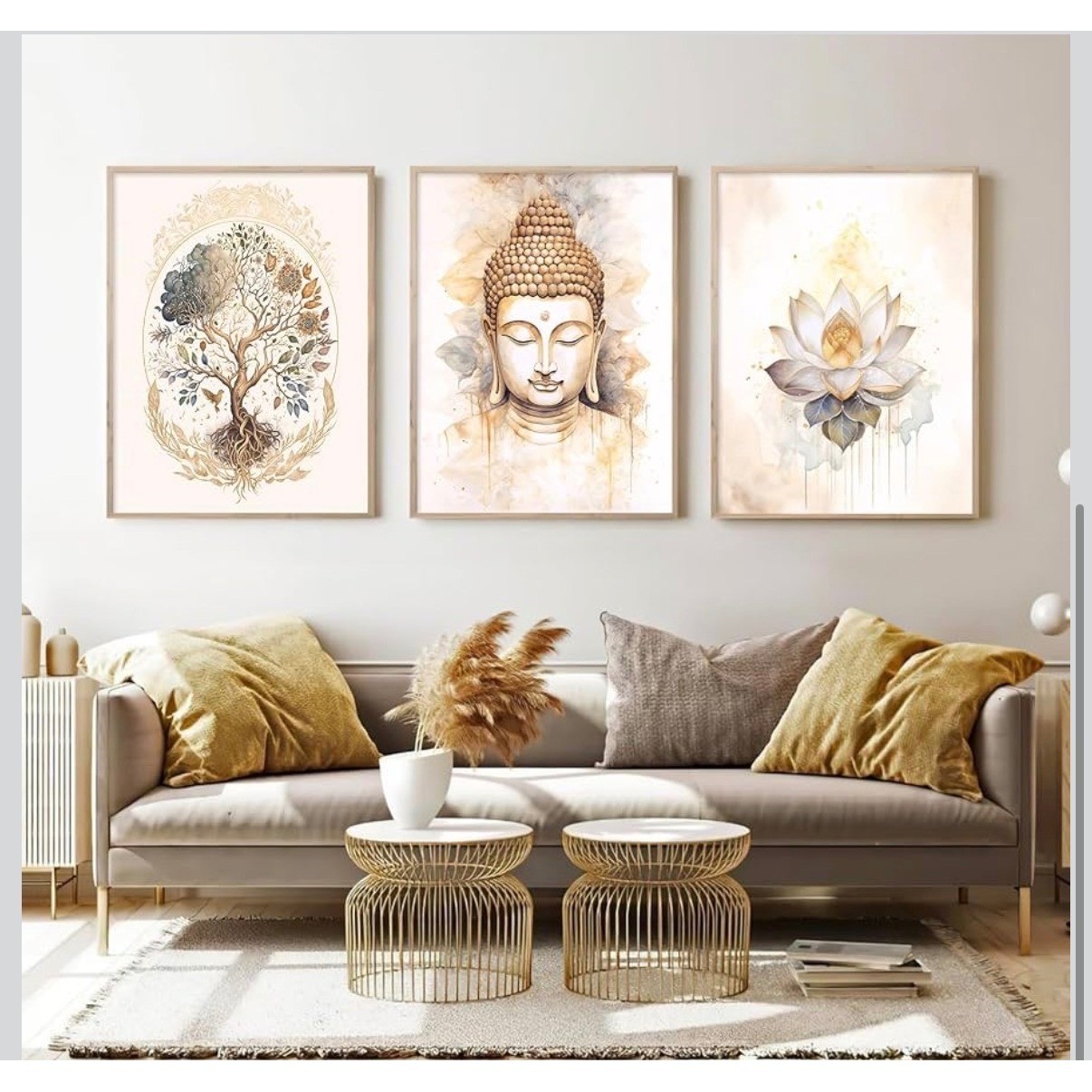 Set 3 Zen Buddha Lotus Tree of Life Framed Canvas Wall Art Gold Beige 12×16